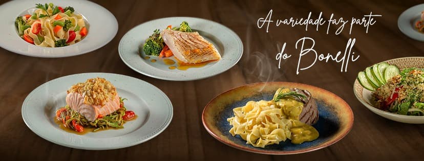 Almoço com Buffet variado incluindo buffet Japonês, churrasqueira, grande variedade de pratos frios, quentes e sobremesas. 
Jantar serviço A La Carte com cardápio variado: Massas, carnes, peixes, porções e pizzas no forno a lenha, em espaço contemporâneo com adega de vinhos.
