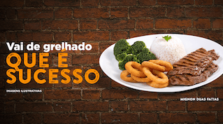 Pratos com grelhados da cozinha brasileira e hambúrgueres seletos em rede de comida expressa de shoppings.